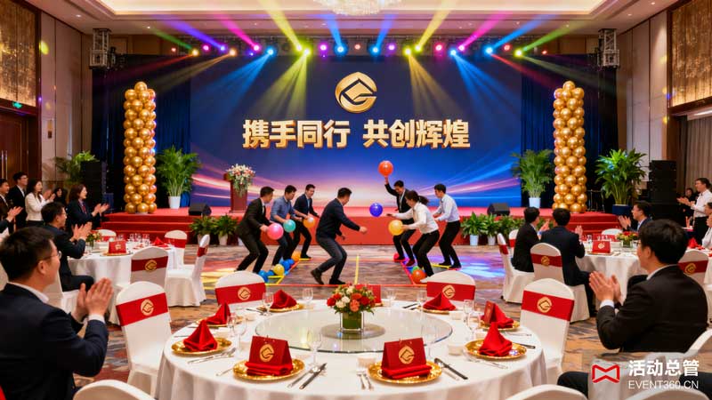 成功的公司年会策划案例现场 - 活动总管打造的高效难忘年会现场,展示团队互动与创意布置